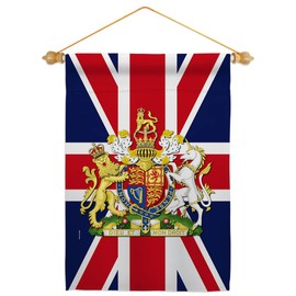 Queen Elizabeth II Flag Coat of Arms United Kingdom Garden Flag - Set Wood Dowel Sweet Life Sympathy Remembrance Bereavement Emotion Postive - House Banner Small Yard Gift Double-Sided 13 X 18.5