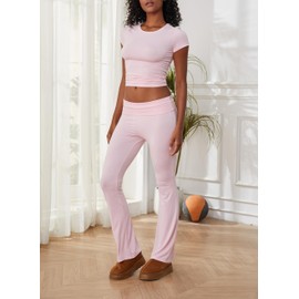ROFUSSO Women's 2 Piece Tracksuits Y2k Outfits with Short Sleeve Crop Top and Fold Over Flare Yoga Pants Lounge Sets for Casual and Gym