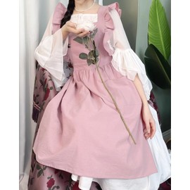 UUTWXZ Ruffle Vintage Apron for Women Cotton Cross Back Apron with Pockets Pinafore Apron Dress, Pink, One Size