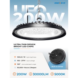 ELEKICO New Ultra-Thin Super Bright 200w UFO Led High Bay Light | 30000LM 5000K High Bay Led Shop Lights with 5ft Cable Hook Safe Rope| Shop&Garage Lighting Lights for Factory Workshop Warehouse Garage Barn