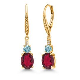 Gem Stone King 18K Yellow Gold Plated Silver Ruby Red Mystic Quartz and Blue Zircon Dangle Earrings for Women with Lab Grown Diamond (4.63 Cttw, Oval 9X7MM)