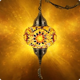 Yarra-Decor Turkish Moroccan Pendant Hanging Light with 15-Foot Cord - Exquisite Tiffany Style Mosaic Ceiling Lamp for Bedroom, Living Room(Yellow1)