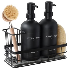 Kitchen Soap Dispenser Set with Sponge Holder, Dish Soap Dispenser for Kitchen, 16.9 fl oz Black Hand Dish Soap Dispensers Set, Brush Holder and Loofah Sponge, Countertop Sink Organizer Accessories
