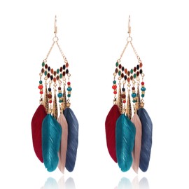 Feather Earrings for Women Girls Long Tassel Feather Dangle Earrings Vintage Multicolor Boho Beaded Tassel Earrings Jewelry Gifts (colourful)