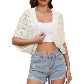 Jiflora Women's Summer Lightweight Crochet Cardigan Shrug Open Front Batwing Sleeve Knit Summer Boho Cover Up Ivory L
