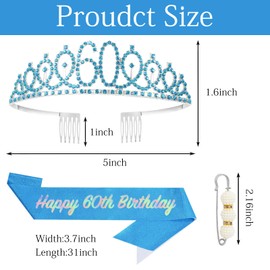 POPOYU 60th Birthday Crown and Sash, Crown 60th Birthday Women, 60th Birthday Tiara Blue, Crown 60th, 60th Birthday Girl Headwear for Birthday Gift, Party Accessories