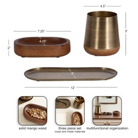 Kate and Laurel Koni Modern Three-Piece Tabletop Organization Set, 12 x 5 x 5, Walnut Brown and Antique Brass, Wood and Metal Organizational Set for Home Office or Entryway Decor