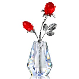H&D Hyaline & Dora - Figura de rosa roja de cristal coleccionable - Ramos de flores dobles - Tallo plateado con jarrón de cristal - Decoración para el hogar, fiesta de bodas