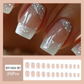 White French Tip Press on Nails Medium Square Glitter Silver Fake Nails with Design Bling Silver Foil False Nails Glossy Acrylic Nails Medium Acrylic Glue on Nails Spring Stick on Nails for Women