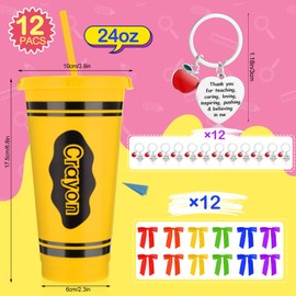 LemonRoad 24 Pcs Teachers Appreciation Week Gifts Bulk Back to School 12 pcs 24 oz Reusable Plastic Cup with Lid Straw and Bow Ribbon 12 Keychain, First Day of School Gift for Classroom Supplies