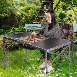 REDCAMP 4 Foot Folding Grill Table for Outside with Adjustable Stove Stand, Lightweight Portable Outdoor BBQ Table for Picnic Camping Cooking, Black 48 x 24inches