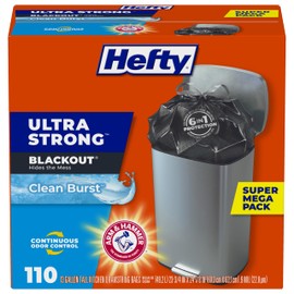 Hefty Ultra Strong 13 Gallon Trash Bags, Black Tall Kitchen Trash Bags 13 Gallon Size, Break Resistant Drawstring Enclosure, Continuous Odor Control, Blackout, Clean Burst Scent, 110 Bags
