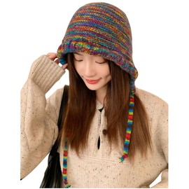 LINSHIN Knit Hat, Hood, Colorful Knit Cap, Ethnic Style, Hat, Women's, Kids, Girls, Hat, Cold Protection, Headwarmer, Coordinate, Warm to Ears, Adjustable, Soft, Autumn, Winter, Color Switching, Cute,