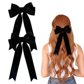 2Pcs Velvet Hair Bows for Women, Black Bow Hair Clips with Long Ribbon Alligator Clips Christmas Hair Accessories for Women Girls