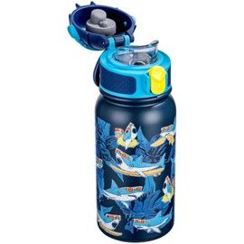 OLDLEY Insulated Kids Water Bottle 350ml/12oz Stainless Steel Metal Water Bottles Leakproof Double Walled Cute Vacuum Small Flask with Handle Keep Drinks Hot Cold for Boys Girls Children (Shark)