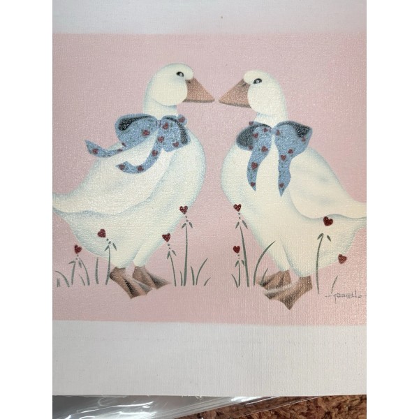 Grandma Core White Geese Hearts Pink Painting On Canvas 11.5x13.75