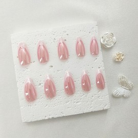Chrome Press on Nails Medium Almond Fake Nails White French Tip Nails Press ons Light Pink Acrylic Nails Glossy Glue on Nails Daily Wear Simple False Nails Artificial Stick on Nails for Women 24Pcs