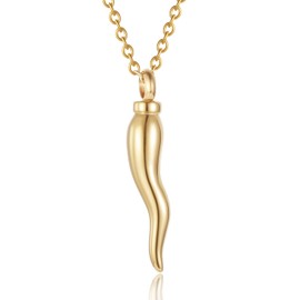 Italian Horn Cremation Jewelry for Ashes Stainless Steel Pepper Cremation Urn Pendant Necklace Memorial Ashes Keepsake Jewelry (Gold)