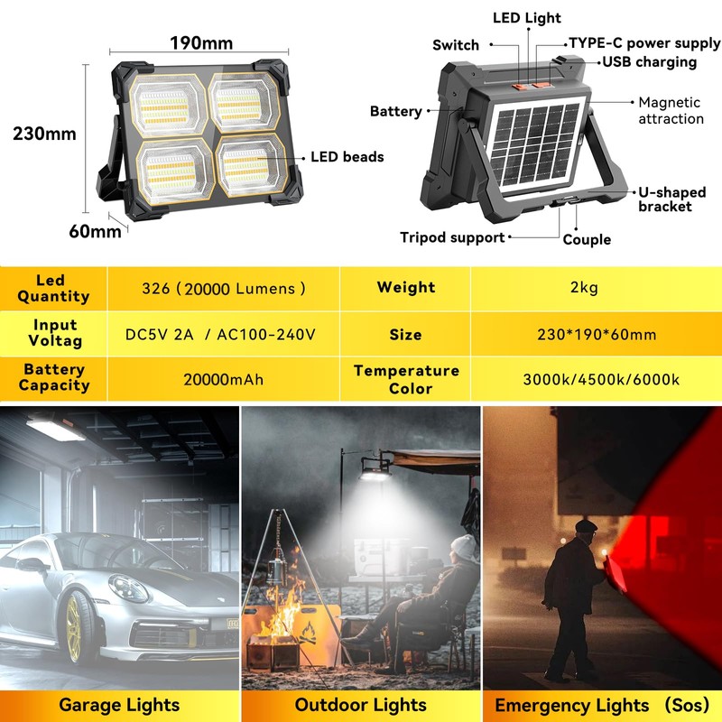 200W Led Work Light Rechargeable,20000MAh Solar Portable Light, 20000LM Magnetic
