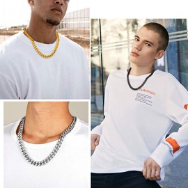 FindChic Curb Chain Men’s Women's Stainless Steel Necklace in Silver Colour Gold-Plated Black Colour with Free Jewellery Box Hip Pop Jewellery for Valentine's Day Birthday, Stainless Steel, Black
