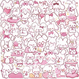 Cute Pink Rabbit Stickers, Kawaii Animal Bunny Stickers for Kids&Girls, 50Pcs Waterproof Vinyl Stickers for Water Bottles, Laptop, Scrapbook, Phone, Rabbit Aesthetic Stickers Bulk, Party (Pink Bunny)