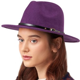 LADYBRO Elegant Purple Fedora for Women Wide Brim Panama Hat Wool Felt, 58cm