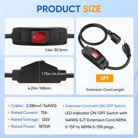 Outdoor Extension Cord with On/Off Waterproof Switch, 15A 125V Grounded 3-Prong Plug, Heavy Duty 1875W Short Outdoor Extension Cord for Lights,Black 14/3 SJTW Switch Cord,Outdoor Light Control(3FT