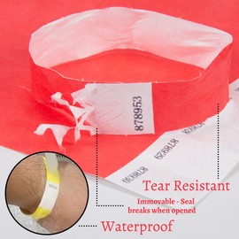 L LIKED 500Pcs Wristbands for Events, Waterproof Neon Wristbands - Printable Paper Bracelets Numbered Wrist Bands for Nightclubs, Festivals, Waterparks (Red)