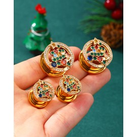 Jewseen Christmas Ear Gauges Surgical Steel Ear Plugs 2g-5/8’’ Gold Gauges Plugs Rainbow Ear Tunnels Cubic Zirconia Gauges for Ears for Women Men