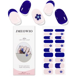 JMEOWIO Gel Nail Stickers Blue Flower French Tip Semi Cured Gel Nail Strips Wraps UV/LED Nail Supplies Nail Art Design Decoration Accessories