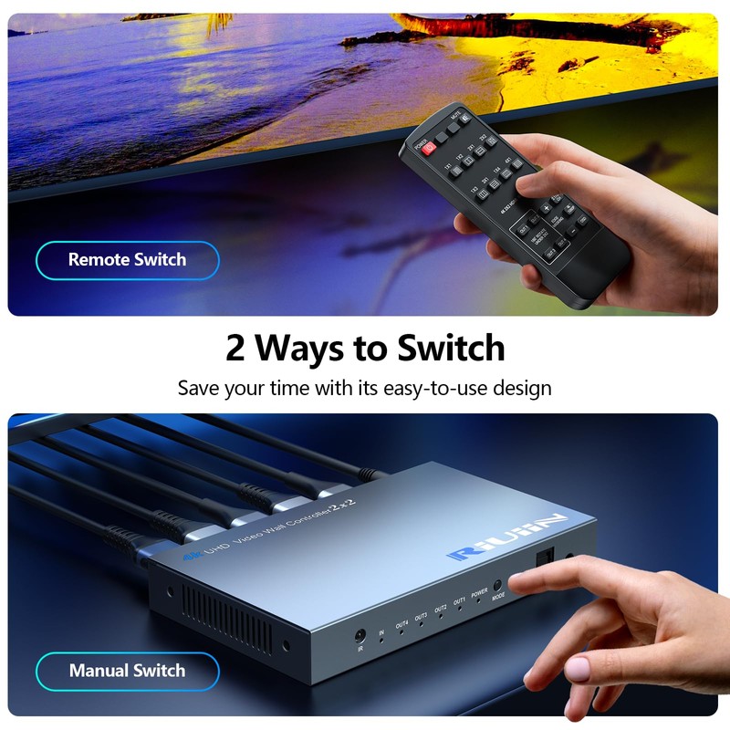 Riuiin 4K 30HZ 2x2 Video Wall Controller, HDMI Input with