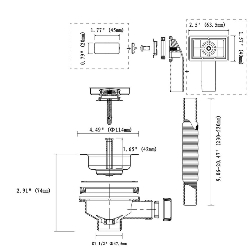 TALEA Kitchen Sink Drain Set Gold Filter with Overflow Rectangular