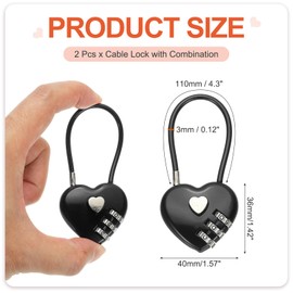 PATIKIL 3 Digit Cable Combination Lock, 2 Pcs Heart Shape Cable Lock with Combination 4.3" Steel Rope for Gym Bikes Cabinets Wardrobes Small Fences, Black