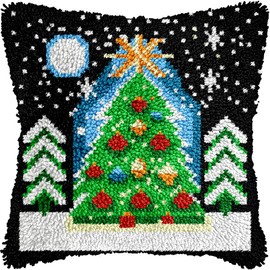 veirousa Snowy Christmas Trees Latch Hook Kits for Adults Kids, Beginners DIY Latch Hook Pillow Kit Pre-Printed Latch Hook Rug Kits Cross-Stitch Embroidery Cushion for Home Sofa Decoration 17x17 in.