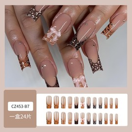 Press on Nails Long Coffin Square Nude Leopard 3D Bow French Tip Fake Nails Long with Designs Full Cover False Nails Square French Tip Glue on Nails Cute Acrylic Thick Stick on Nails for Women Nails Art 24Pcs CZ453-B7