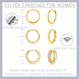 Zolkamery Hoop Earrings 925 Sterling Silver Hoop Earrings Set for Women, 3 Pairs Hypoallergenic Cubic Zirconia Hoop Huggie Set, Small Unisex Sleeping Earrings for Multiple Ear Holes in 12 15 mm