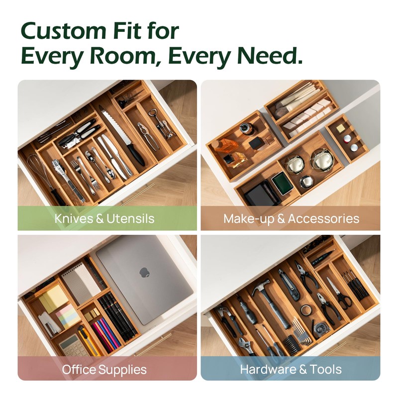 keechee 6-Piece Bamboo Drawer Organizer Set, 2.2" Deep | Multi-Use