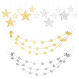 Star Banner Decorations, Gold Silver Star Garland Hanging Star Decoration, Paper Glitter Star String Streamers Double Side Hanging Twinkle Star for Birthday Wedding Party Decor