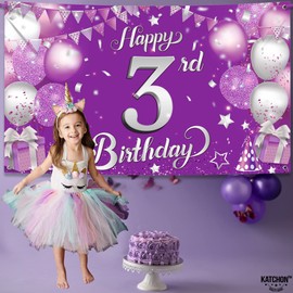 KatchOn, Purple Happy 3rd Birthday Banner - XtraLarge, 72x44 Inch | Purple 3 Happy Birthday Banner Decor | Purple 3rd Birthday Banner for 3rd Birthday Decorations | Purple Happy 3rd Birthday Backdrop
