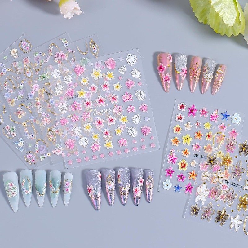 5D Flower Nail Art Stickers - 6 Sheets Embossed Floral