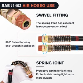 Nilight 12 FT Air Line Hose Assembly Rubber Air Hose with 1/2" NPT Swivel Fitting Straight Heavy Duty Power Hoses Set Spring Guard Grips DOT Fittings for Semi Truck Trailer Tractor