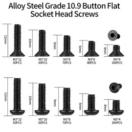 720 Pcs M3 Metric Hex Socket Head Cap Screws Bolts Set, Including 360 Pcs Countersunk Pan Head Screws, 360 Pcs Flat Head Screws for 3D Printer Machine - Black, 4mm/6mm/8mm/10mm/12mm. (Black)