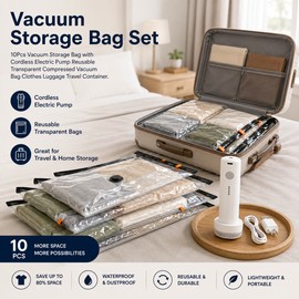 10-Piece Vacuum Storage Bag Set for Travel – Reusable Compression Bags with Cordless Electric Pump for Clothes