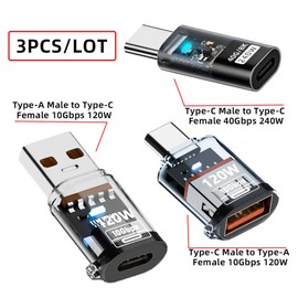 xiwai 3-teiliges Set USB-C-Adapter Typ C Smart LED auf USB 3.2 Typ A Adapter OTG 10 Gbit/s 40 Gbit/s 120 W 240 W Daten-Schnellladetester-Detektor