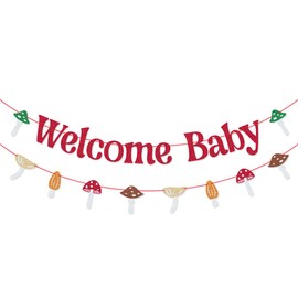 Wulagogo Mushroom Toadstool Baby Shower Banner Garland - Red, Green - Cardstock - Swag Shape - Cottagecore Baby Shower Decorations