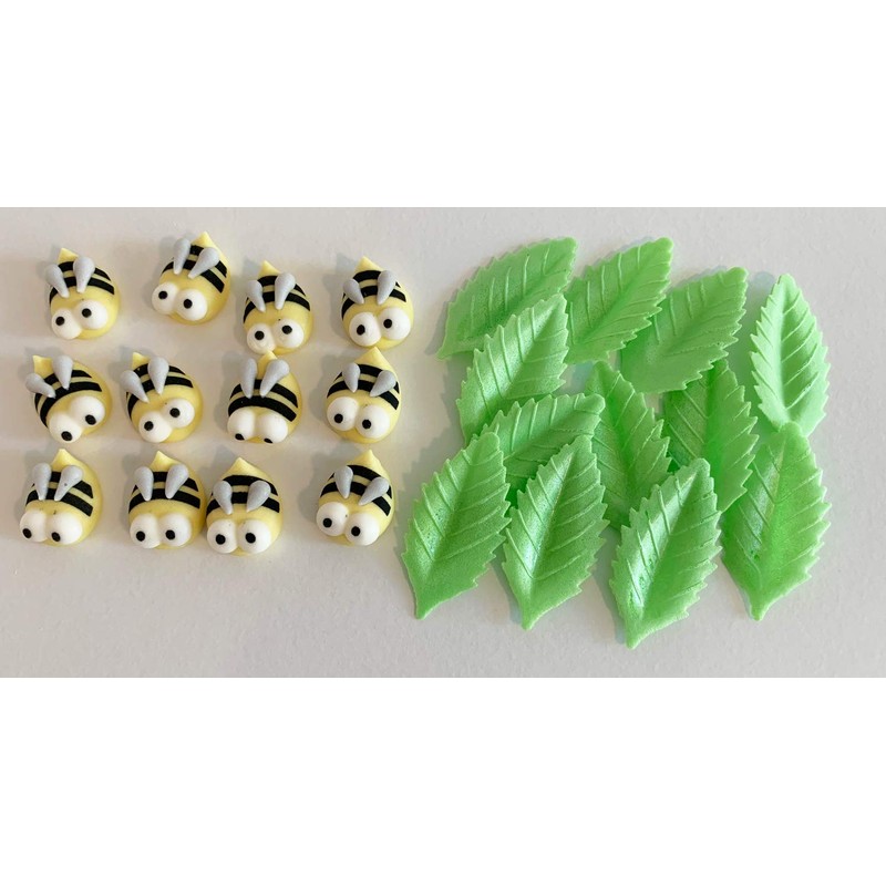 12 Gorgeous Sugar Bees & 12 Green Wafer Leaves- Edible,