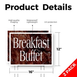 Breakfast Buffet Yard Sign 2 Pack of 12 Inch x 16 Inch Single Sided Weatherproof Heavy-Duty Plastic with Stake | Morning Specials, Restaurant Deals, Freshly Cooked Meals | Made in USA