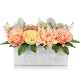DILATATA Flower Arrangement with Wooden Vase 10" Artificial Flowers in Pot - Fake Flowers in White Rectangular Wooden Vase Potted Faux Flower Centerpieces for Table Decor Living Room - Orange