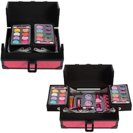 Lil Me Juego de maquillaje para niñas princesas de dos niveles en estuche de viaje resistente rosa caliente, no tóxico, kit de maquillaje lavable