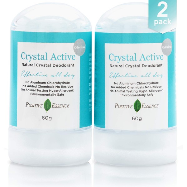 Crystal Deodorant Stone, Crystal Active, 100% Natural, Long Lasting, Single Ingredient, No Aluminum Chlorohydrate or Chemicals, Unscented/Odorless, Thai Crystal Stone, Men and Women, 60g (2 pack)